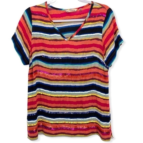 Soft Surroundings Colorista Sequin Striped Colorful Tunic Short Sleeve Top - Picture 1 of 13